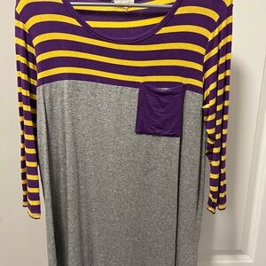 Striped Purple and Yellow Top with Gray Bottom
